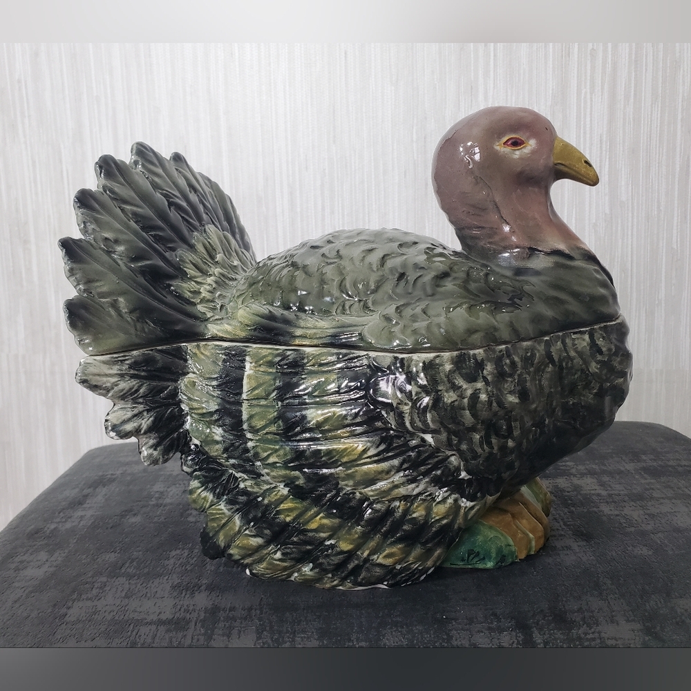 Vintage Hand Painted In Italy Ceramic Turkey Cookie Jar Soup Serving Dish *CHIPS